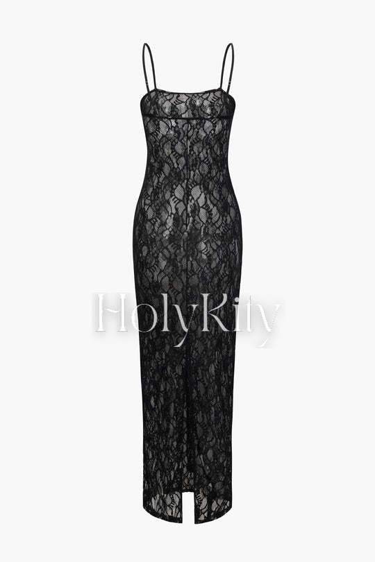 Maxikleid mit Blumenmuster und Schlitz aus transparenter Spitze 