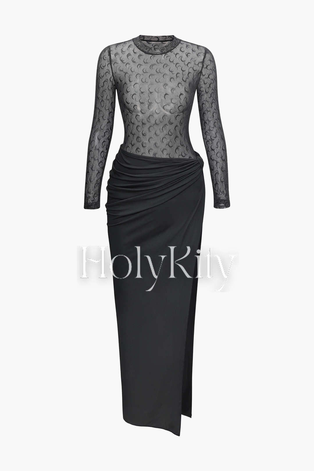 Moon Print Mesh Bodysuit And Ruched Slit Maxi Skirt Set
