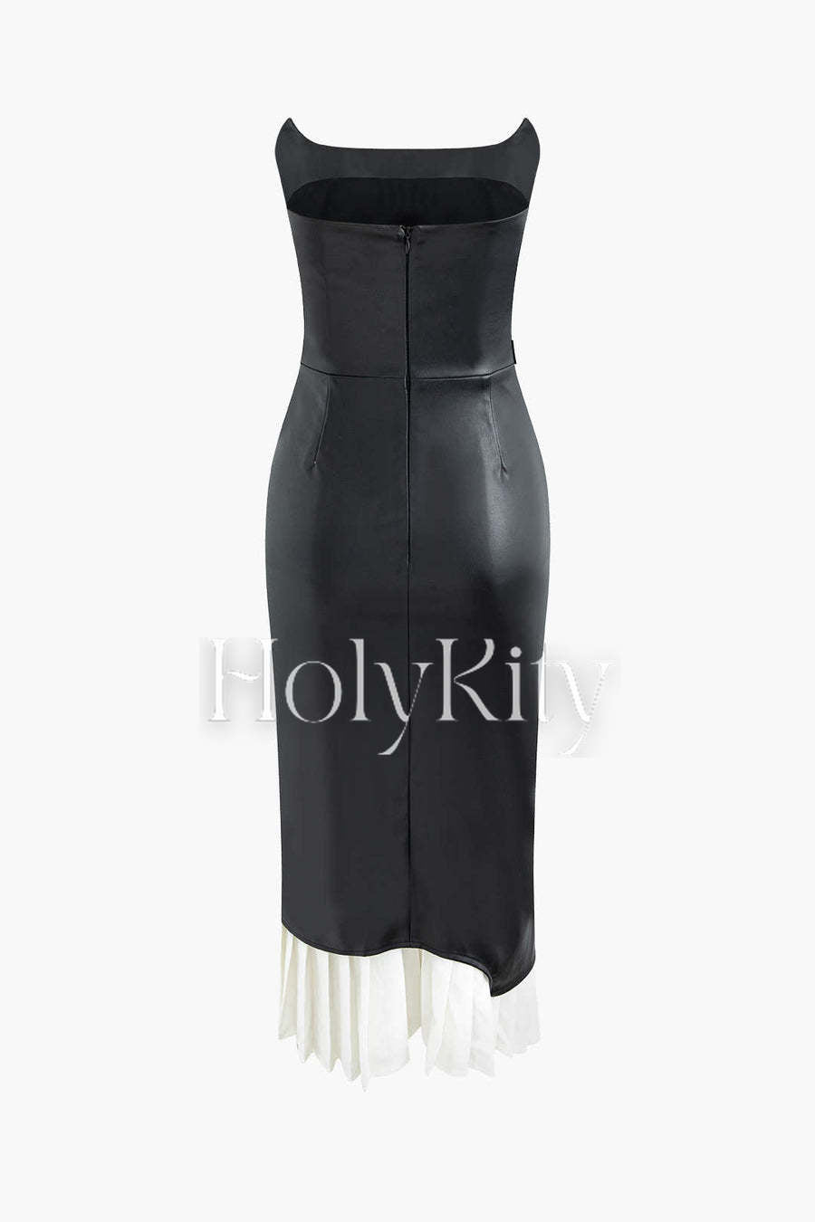 Contrast Strapless Faux Leather Pleated Midi Dress
