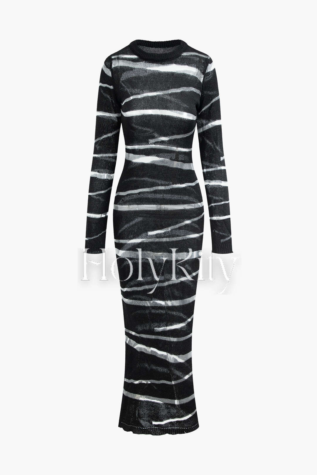 Stripe Round Neck Open Knit Long Sleeve Maxi Dress