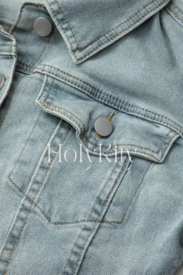 Contrast Denim Shirt And Chain Detail Shorts Set