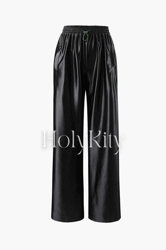 Satin Drawstring Wide Leg Pants