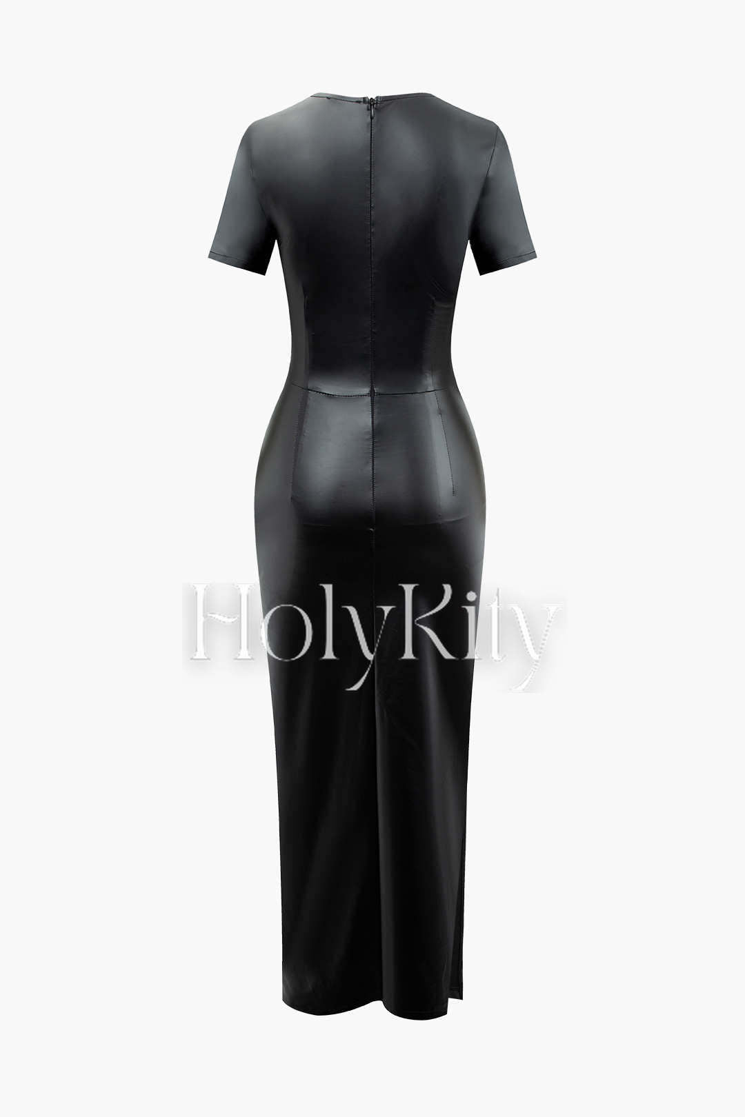 Gerafftes Midikleid aus Kunstleder mit Twist-Ausschnitt 