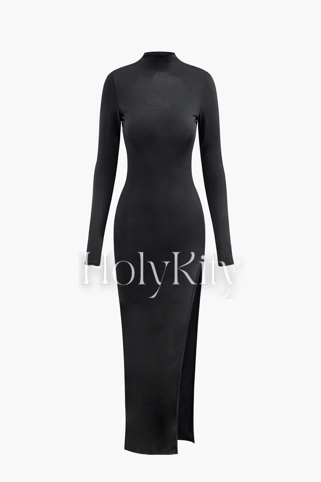 Robe longue fendue dos nu à col montant et couleur unie 