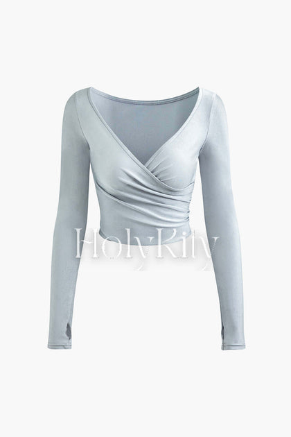 V-neck Wrap Long Sleeve Crop Top
