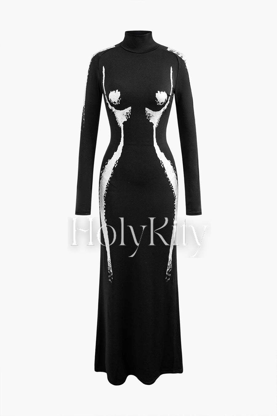 Body Print Turtle Neck Long Sleeve Maxi Dress