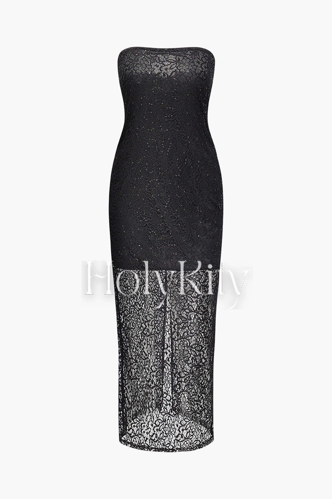 Sequin Panel Lace Strapless Midi Dress