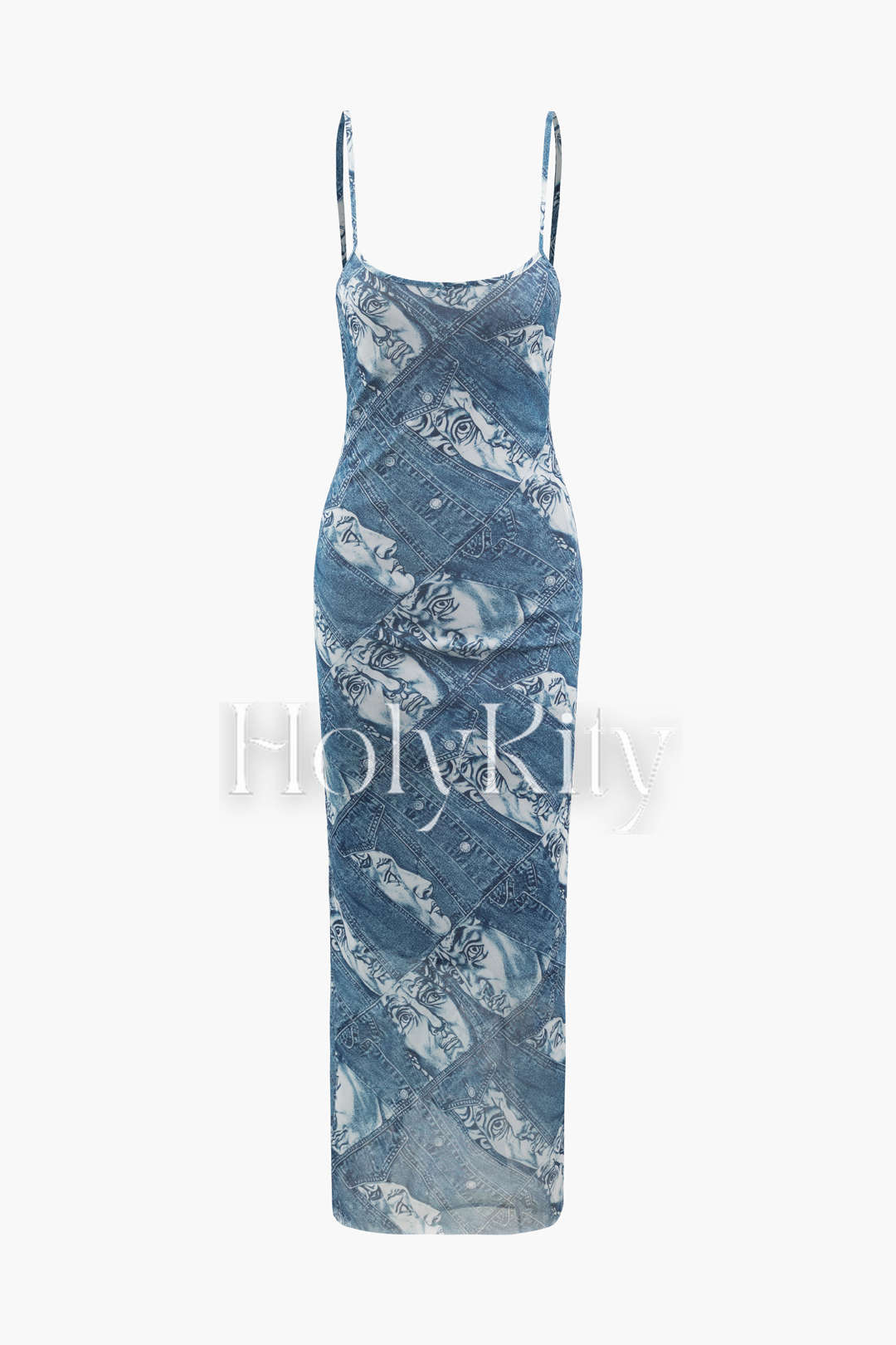 Robe longue en maille à col carré et imprimé visage 