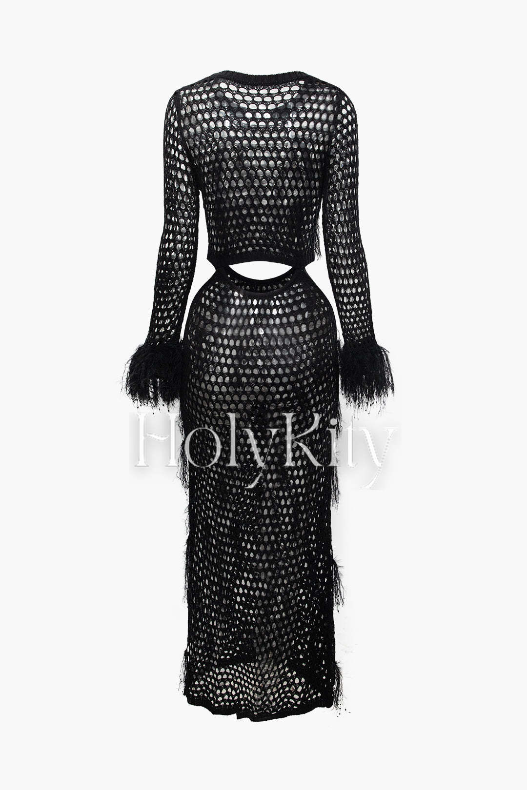 Robe longue en tricot ajouré à franges et poignets découpés 