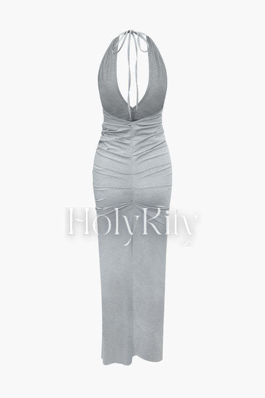 Deep V-neck Backless Ruched Maxi Dress