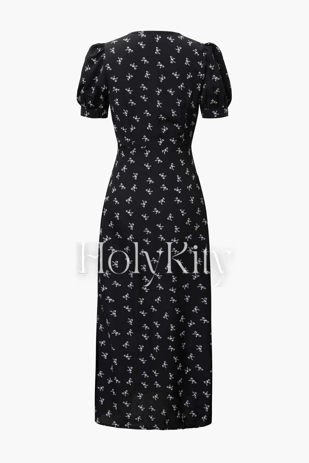 Maxikleid mit Schleifenmuster, V-Ausschnitt und Puffärmeln 