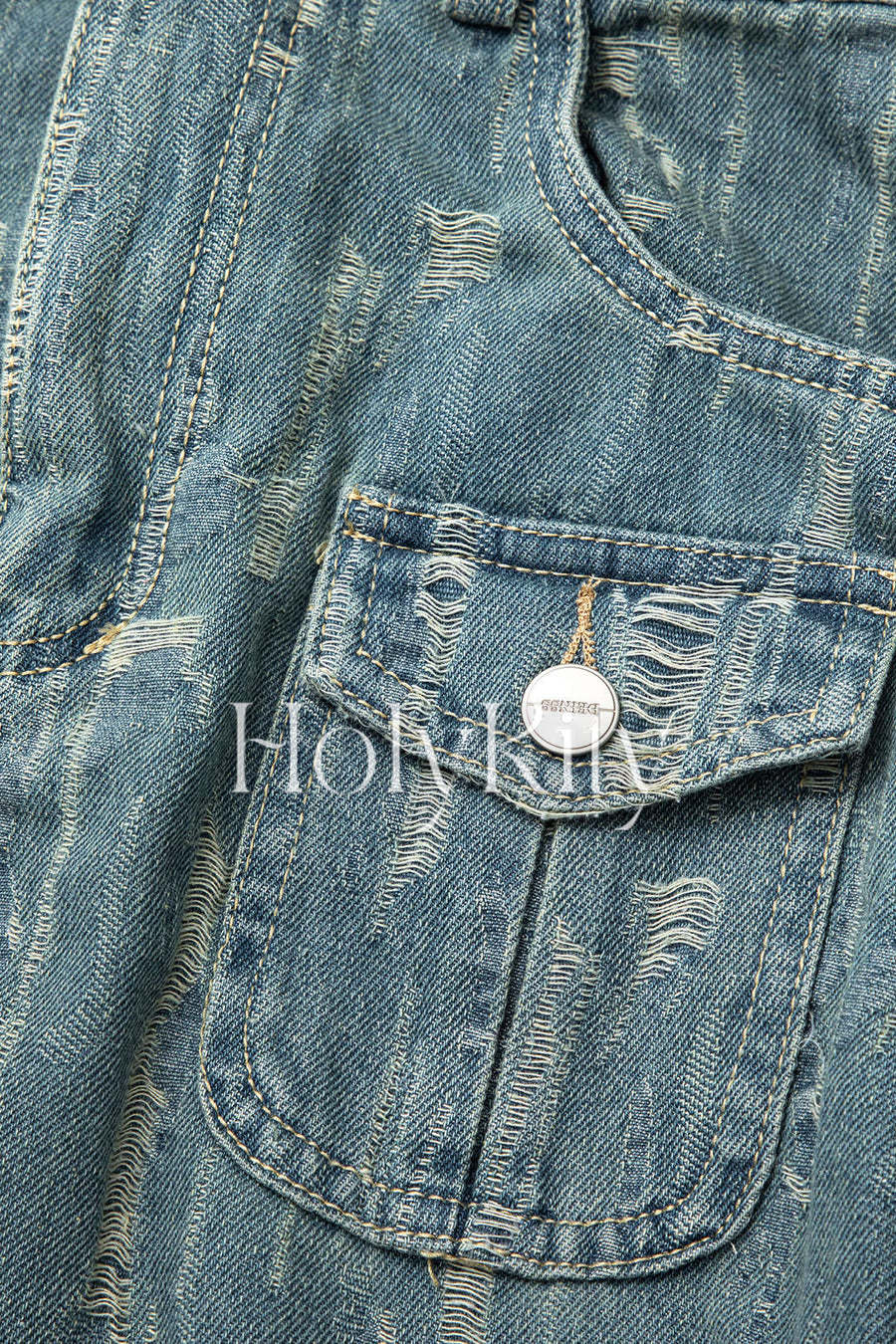 Frayed Denim Flap Pocket Button Up Crop Jacket And Slit Skirt Set