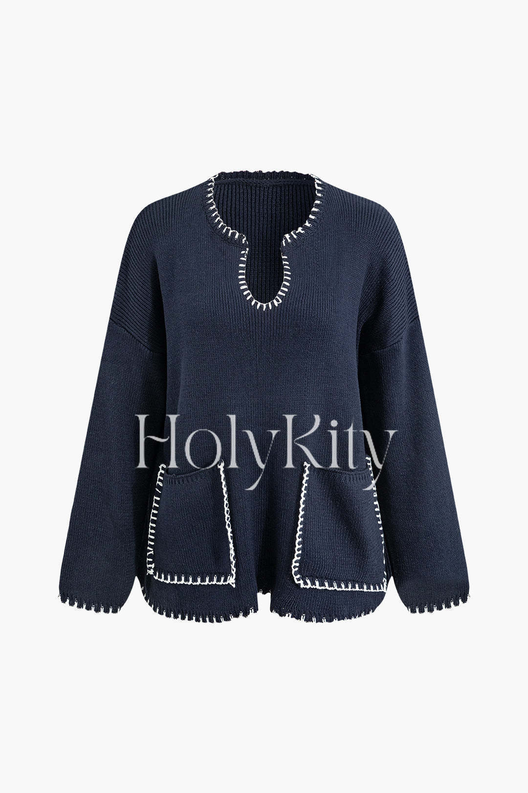 Haut en tricot à manches longues et col en V contrasté avec poches 