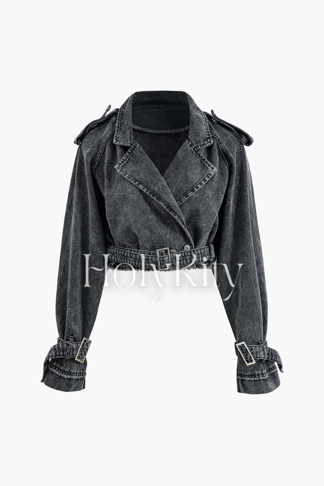 Kurze Jeansjacke mit Gürtelsaum 