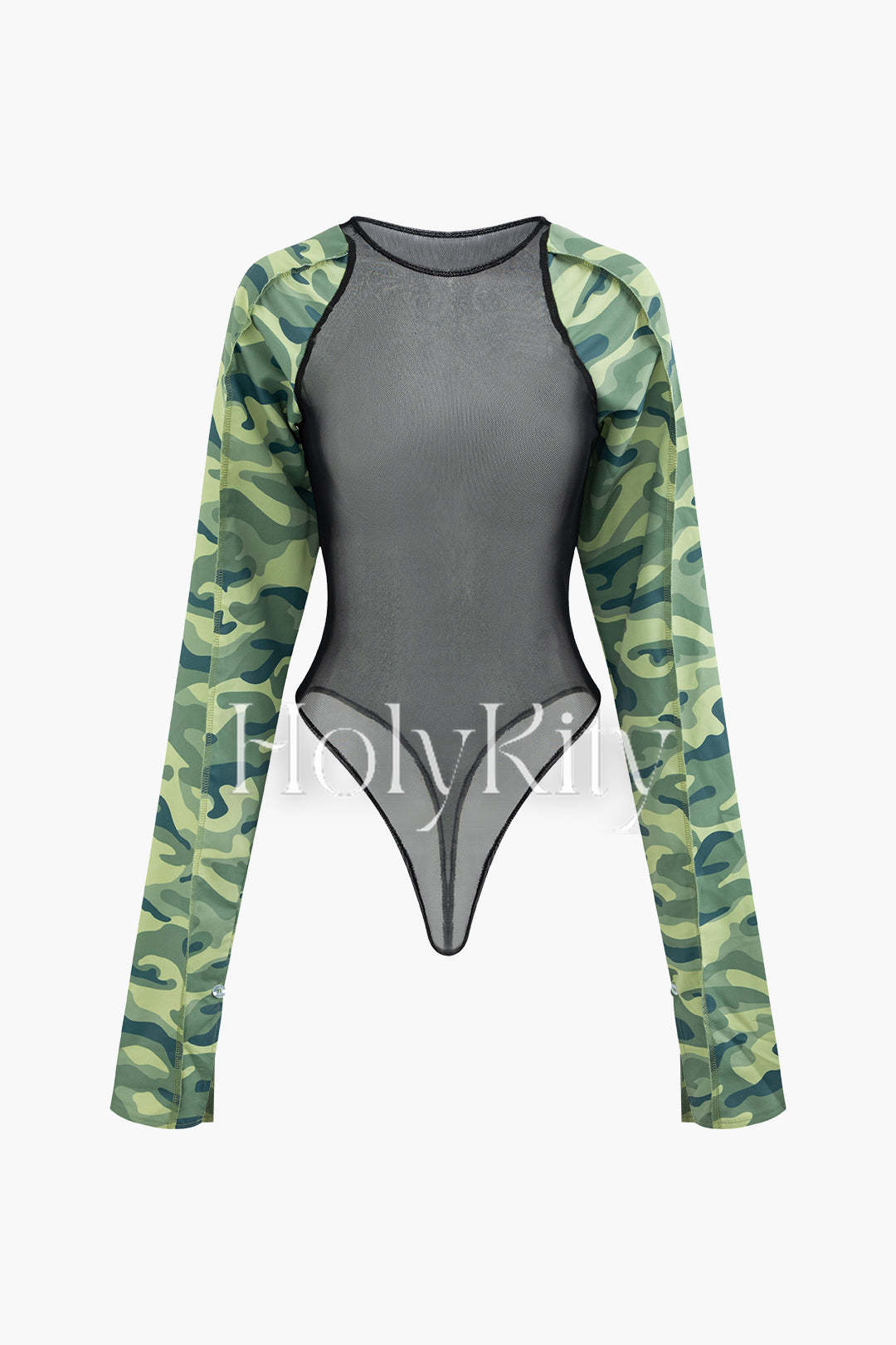 Contrast Camo Round Neck Mesh Long Sleeve Bodysuit