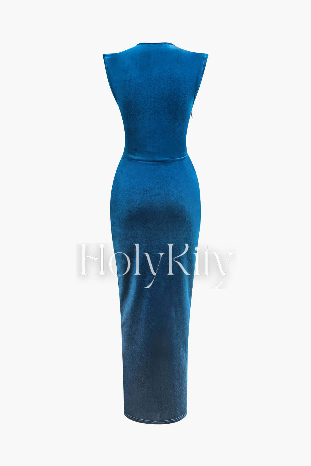 Robe longue fendue en velours à col en V et manches courtes froncées 
