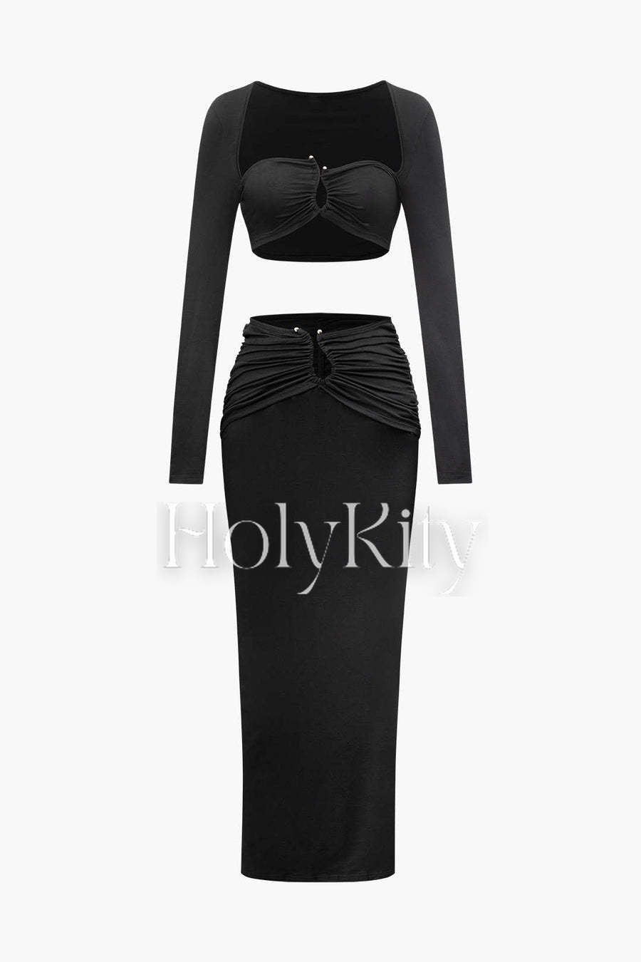 Square Neck Long Sleeve Top And Ruched Maxi Skirt Set