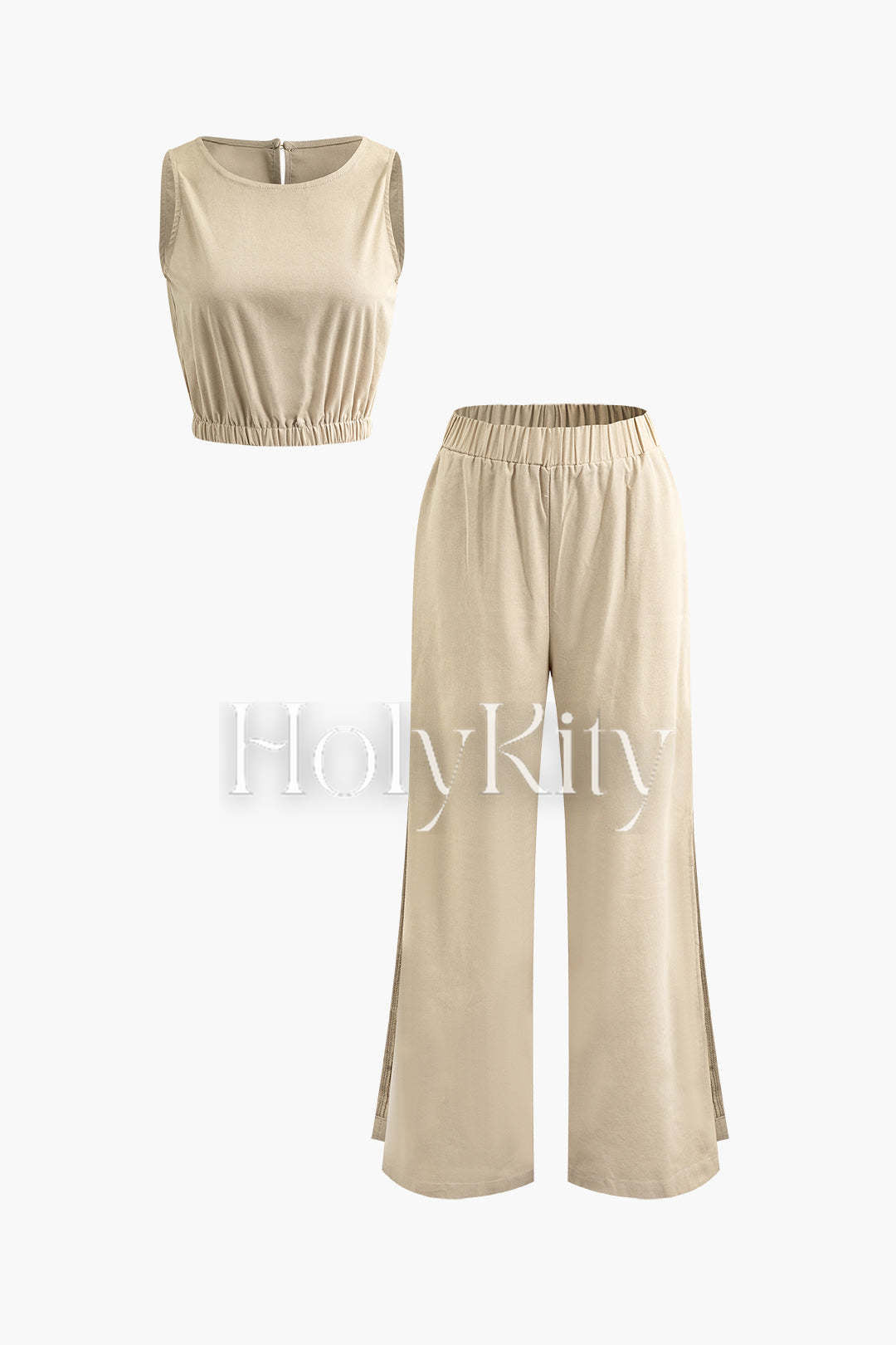 Ensemble haut sans manches à taille élastique et pantalon fendu en mélange de lin 