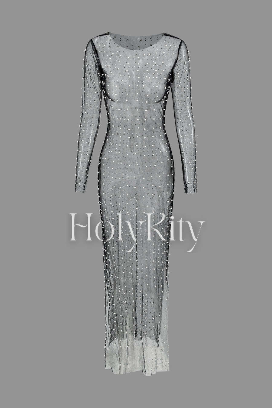 Robe longue en maille transparente ornée de perles et de strass 