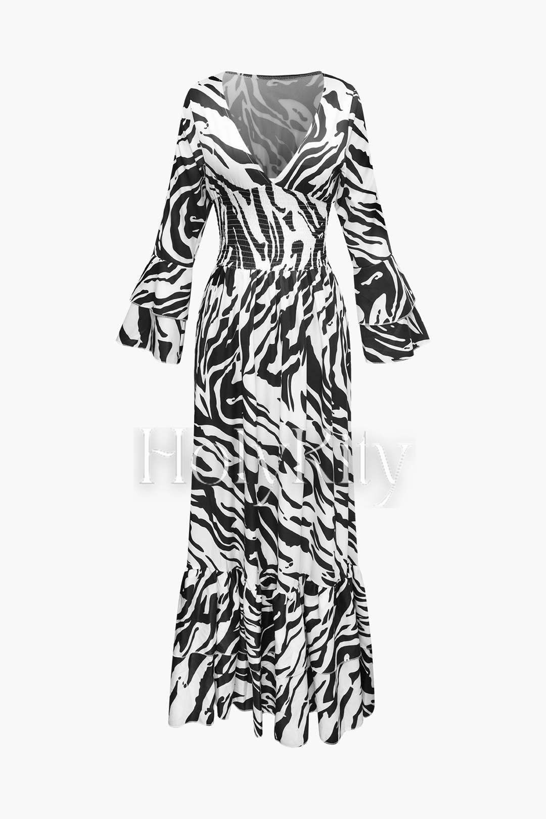 Bedrucktes, gesmoktes Maxikleid mit Stufen und V-Ausschnitt 
