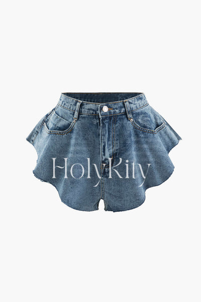 Frayed Hem Wide Leg Denim Shorts