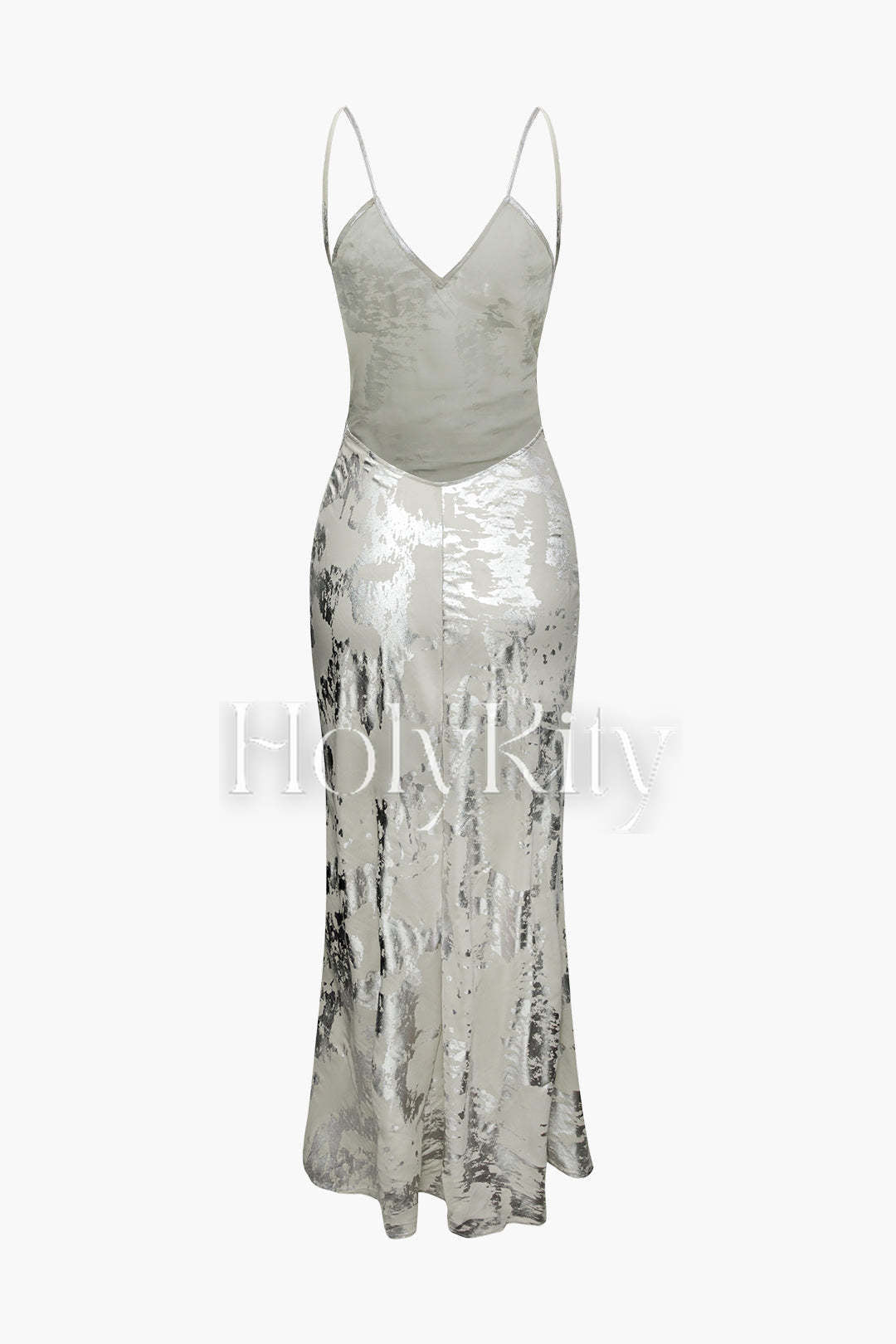 Robe longue métallisée à col en V et dos nu 