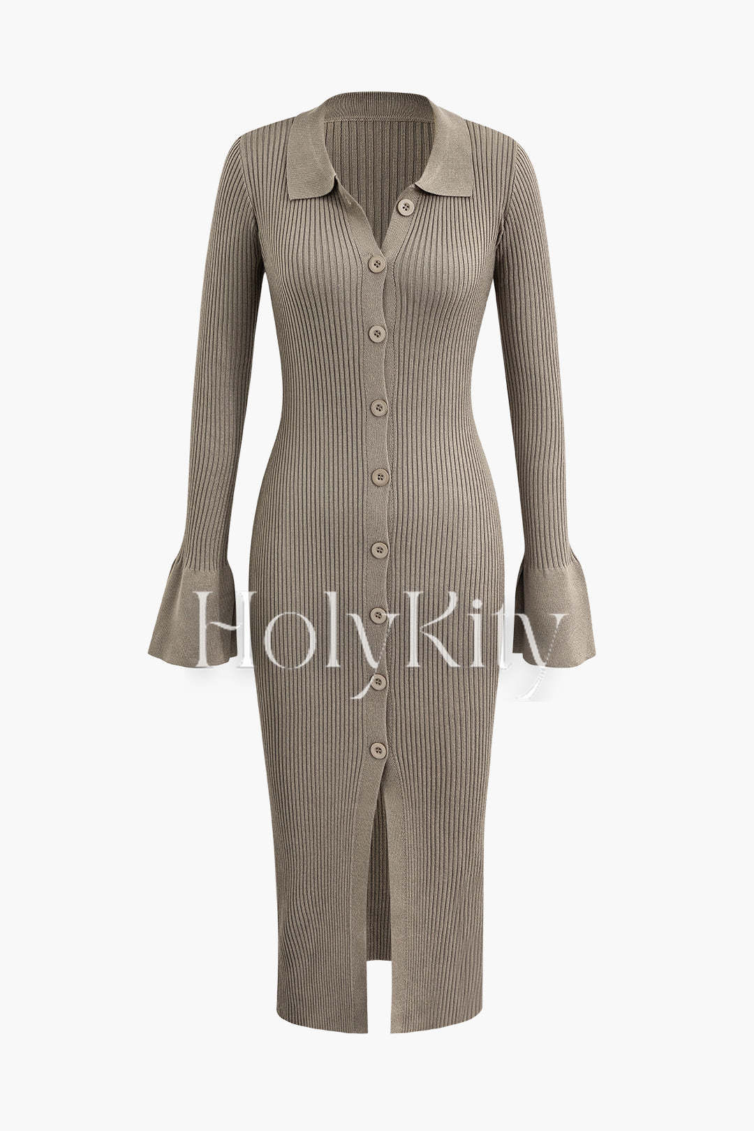 Robe longue en maille côtelée fendue et boutonnée à manches cloche