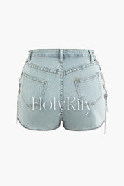 Contrast Denim Shirt And Chain Detail Shorts Set