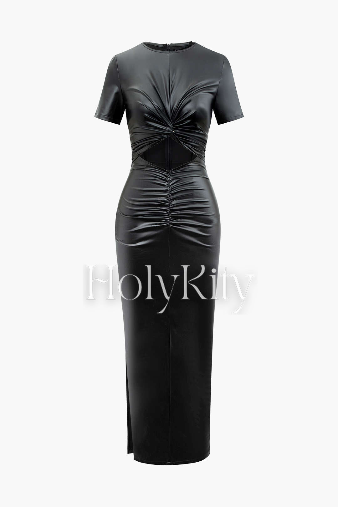 Gerafftes Midikleid aus Kunstleder mit Twist-Ausschnitt 
