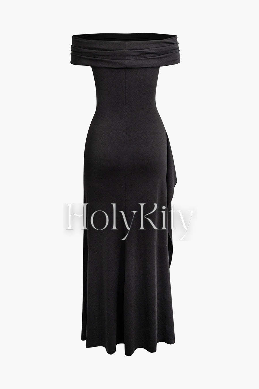 Schulterfreies, geschlitztes Maxikleid mit Rüschen 