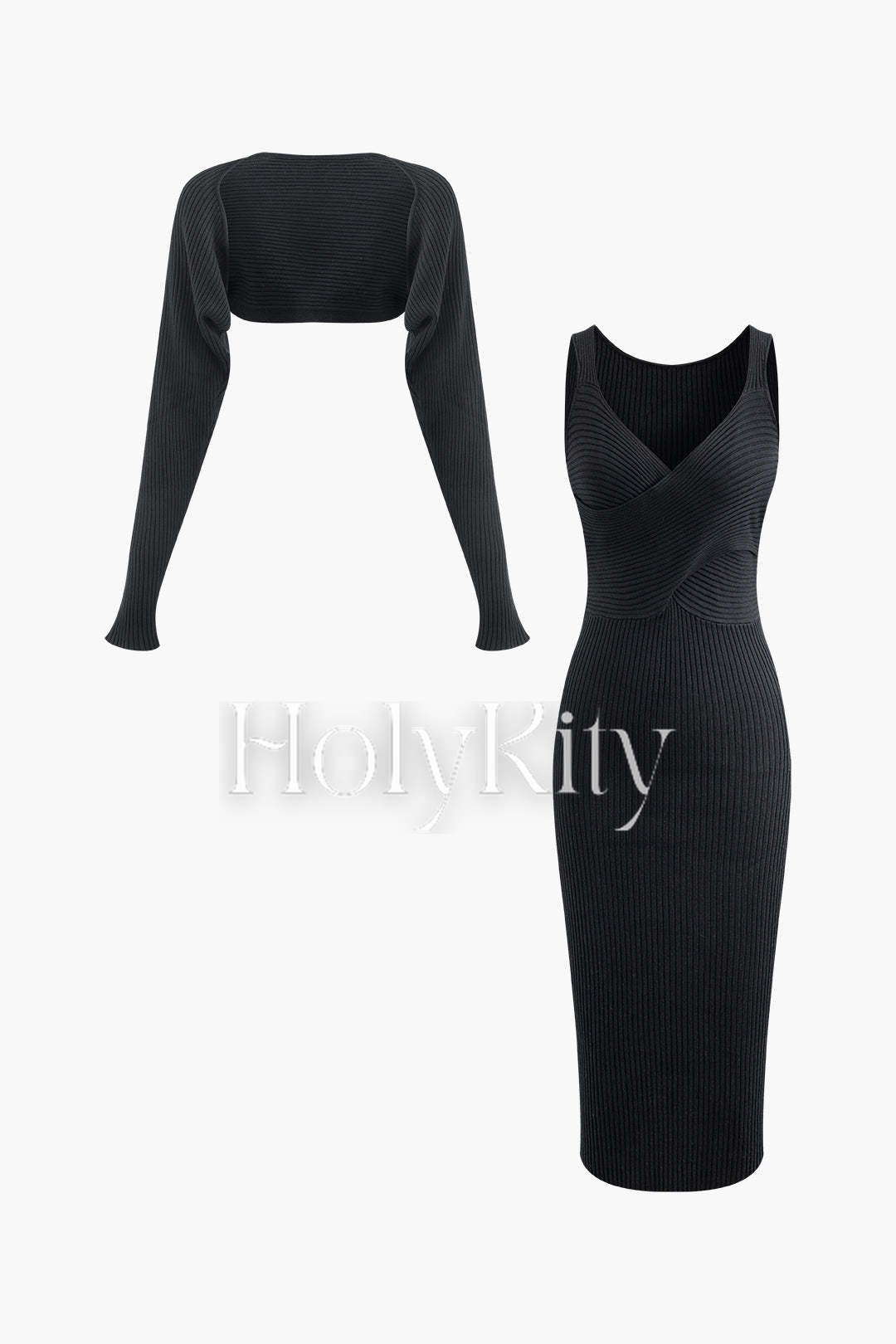 Ensemble robe sans manches et boléro en tricot côtelé à col en V croisé 