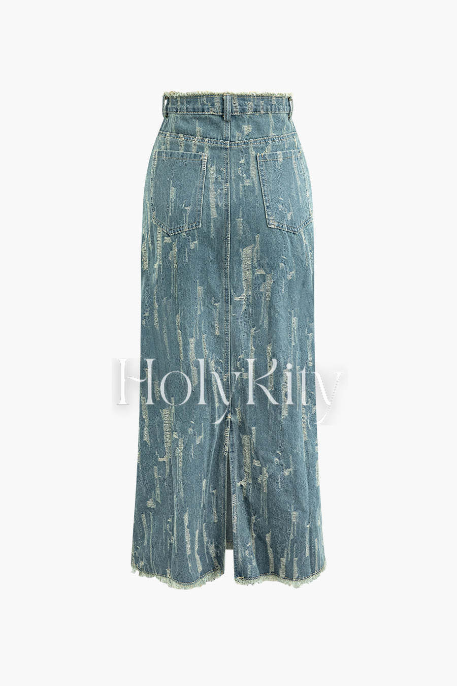 Frayed Denim Flap Pocket Button Up Crop Jacket And Slit Skirt Set