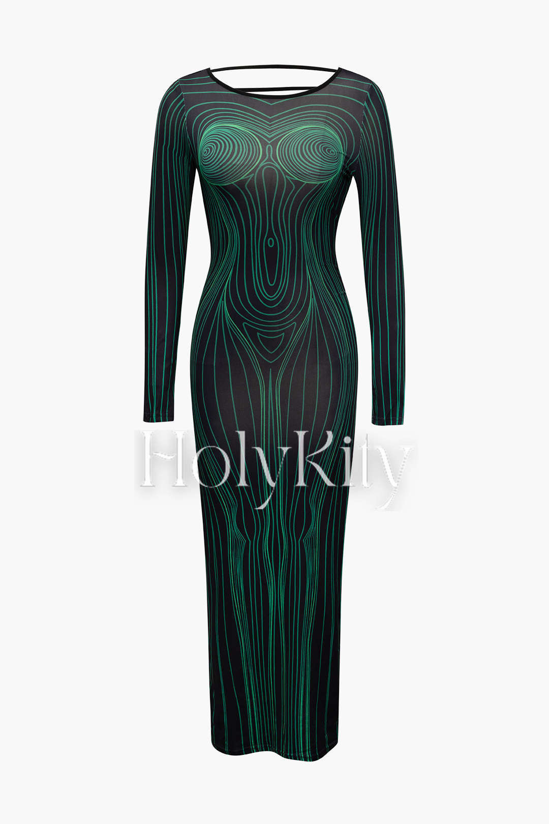 Rückenfreies Maxikleid mit langen Ärmeln und Bodyline-Print 