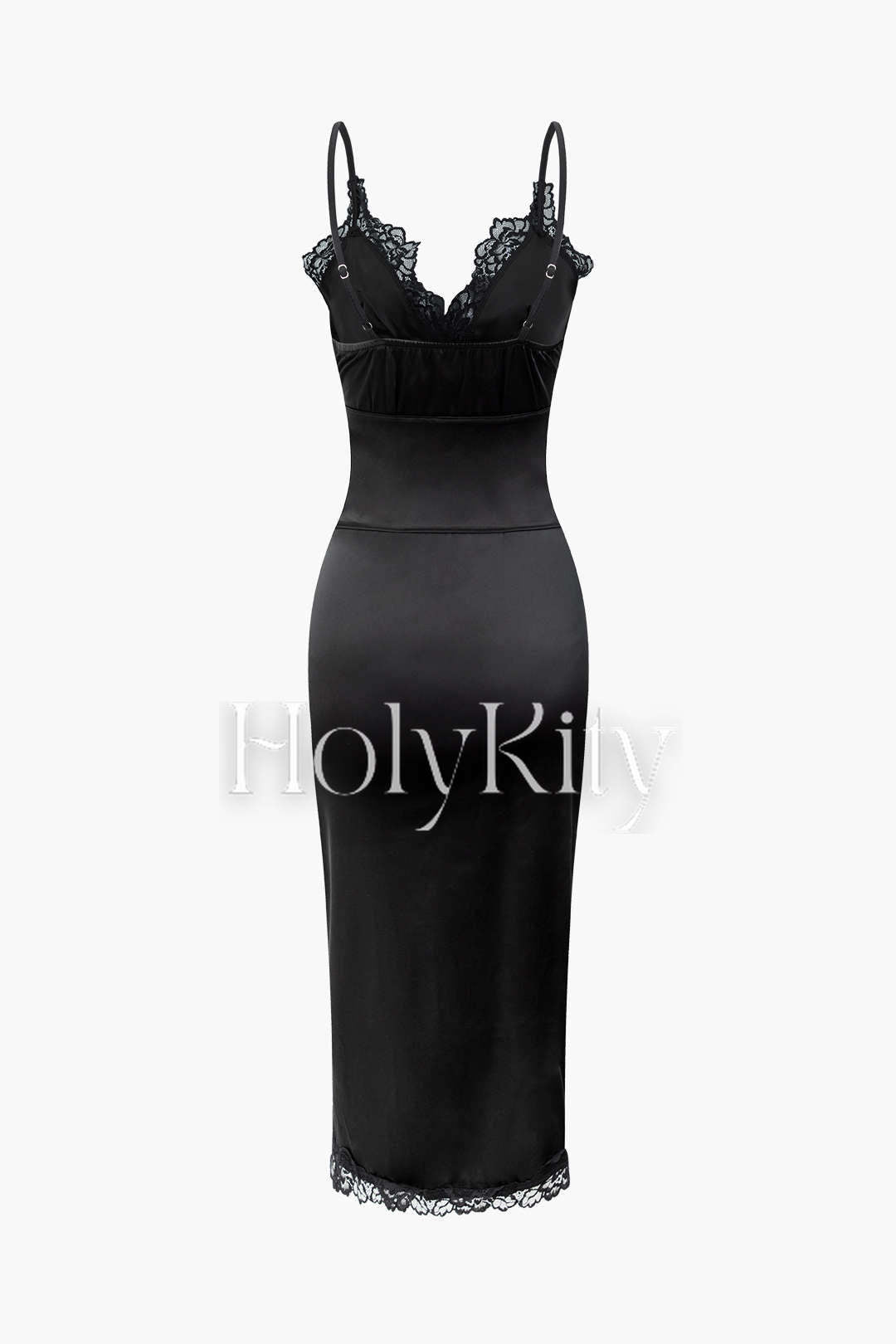 V-neck Satin Lace Trim Tie Front Maxi Dress