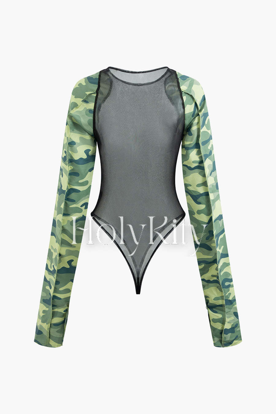 Contrast Camo Round Neck Mesh Long Sleeve Bodysuit