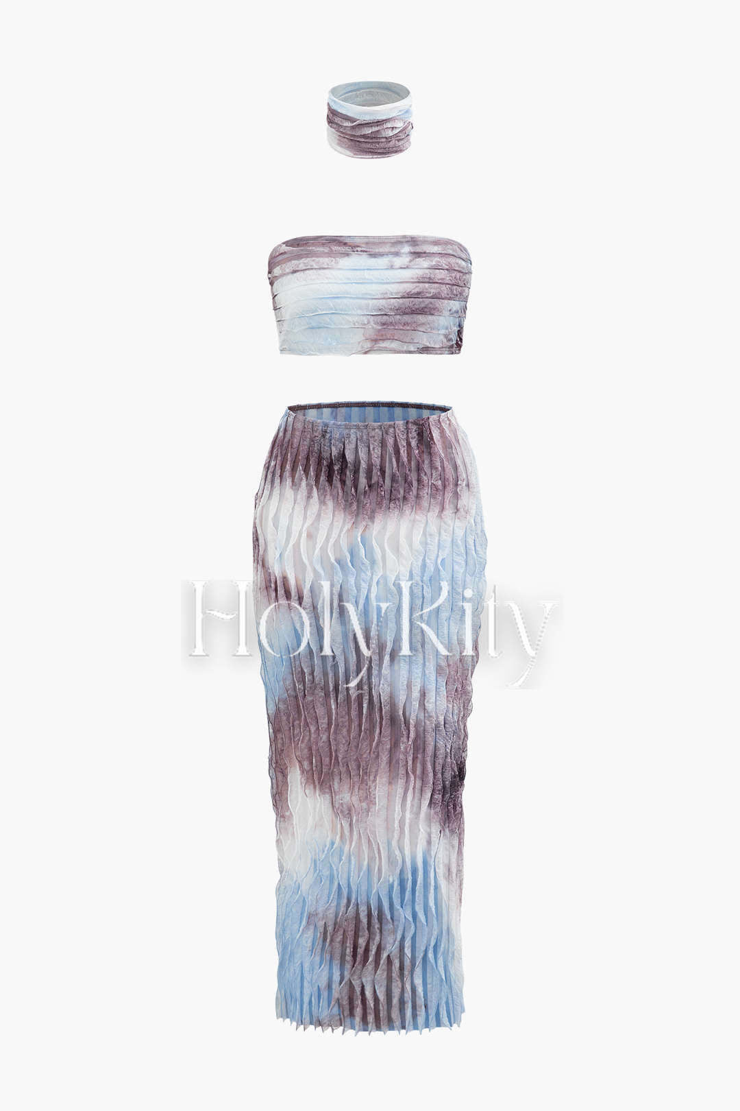 Tie Dye Mesh Tube Top And Split Maxi Skirt And Choker Set