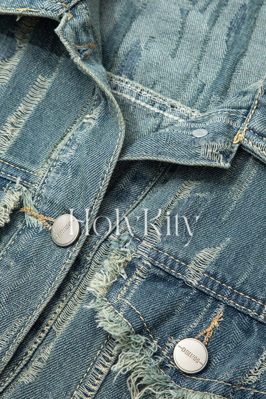 Frayed Denim Flap Pocket Button Up Crop Jacket And Slit Skirt Set