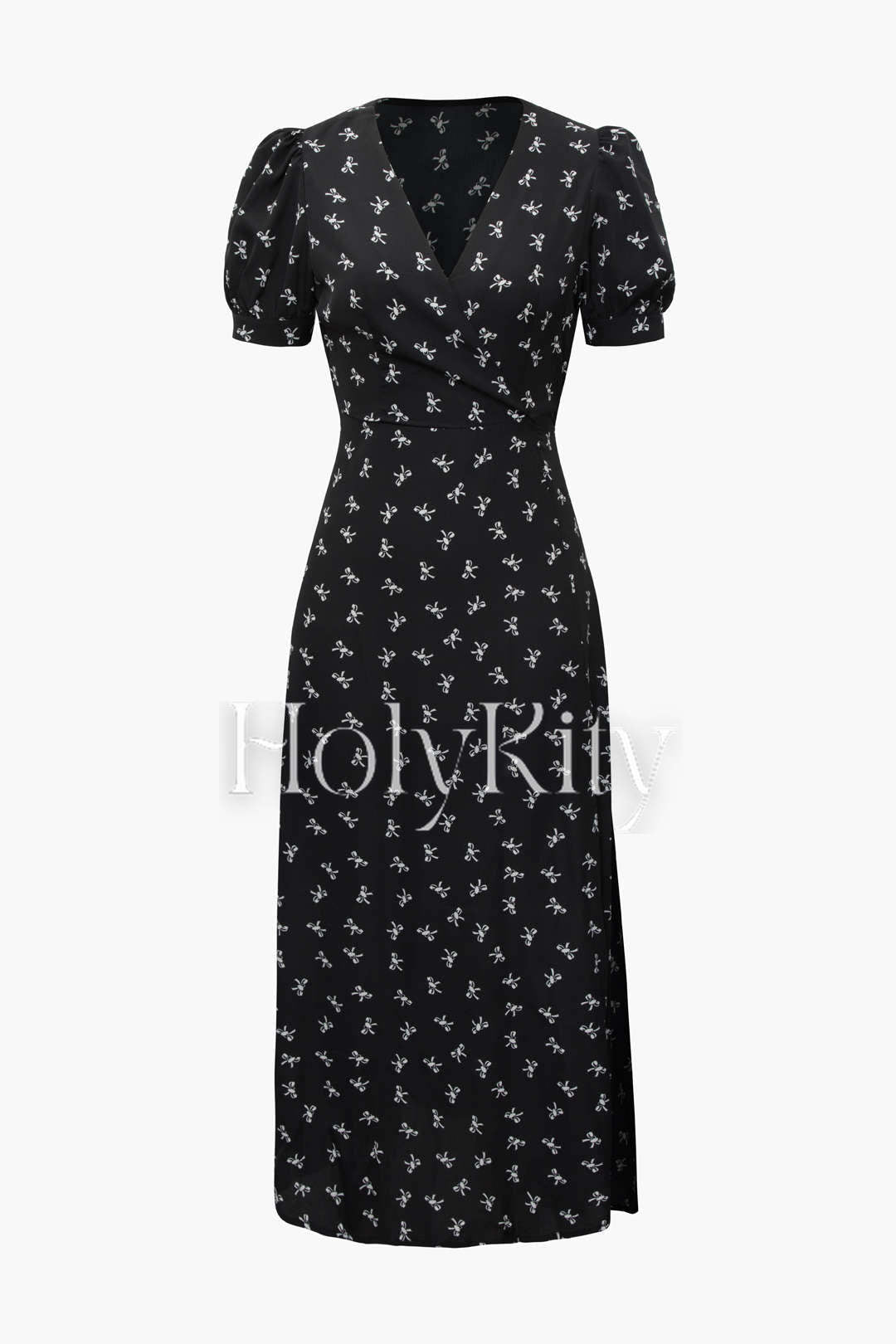 Maxikleid mit Schleifenmuster, V-Ausschnitt und Puffärmeln 