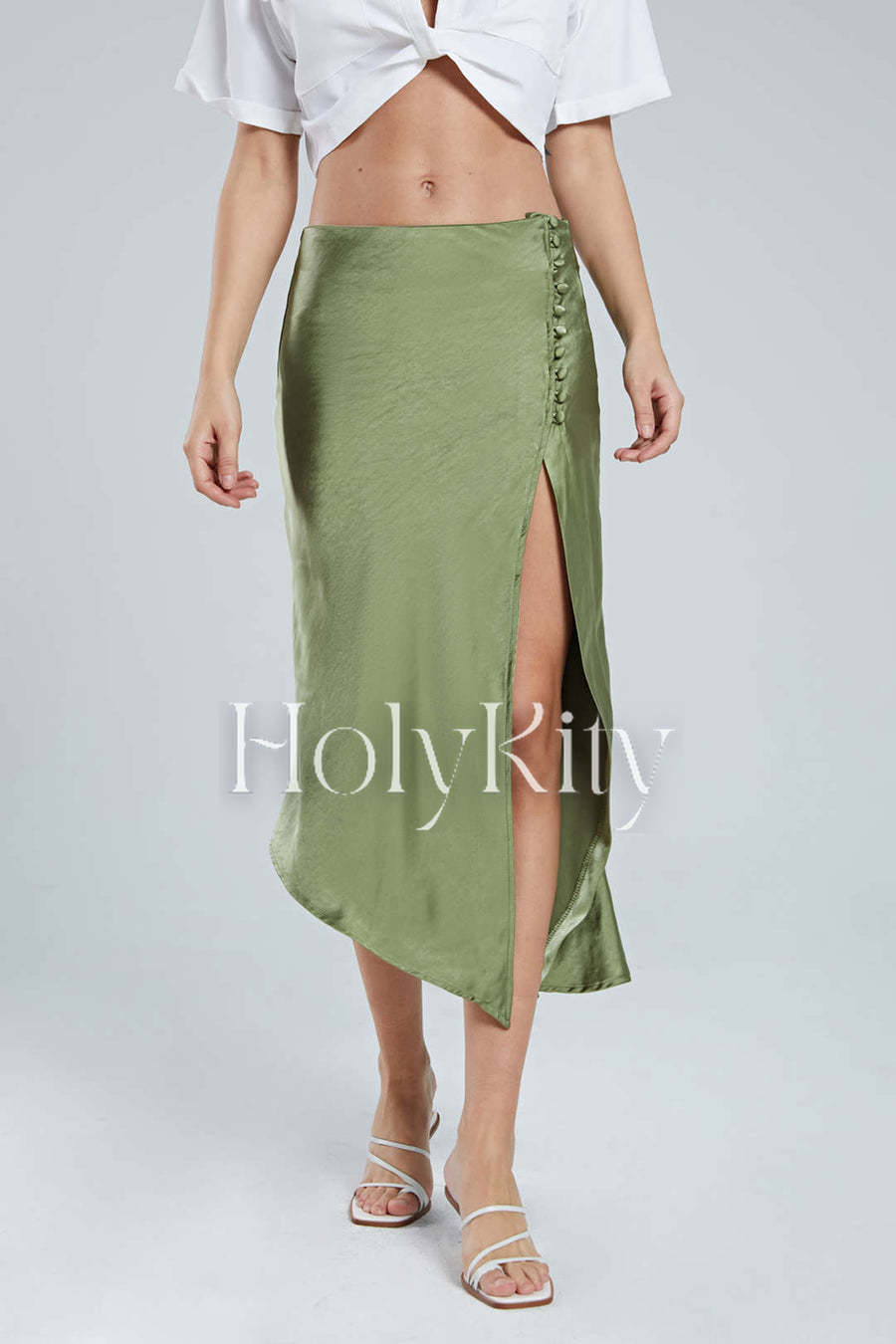 Asymmetric Hem Slit Button Deco Skirt