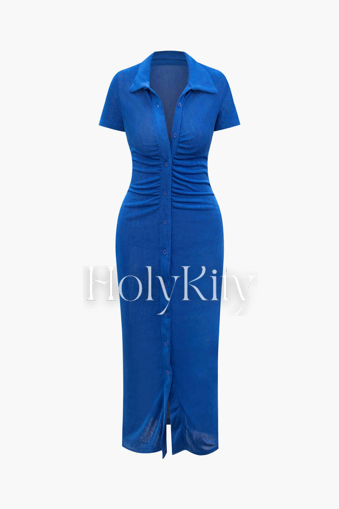 Robe mi-longue unie froncée à col boutonné 