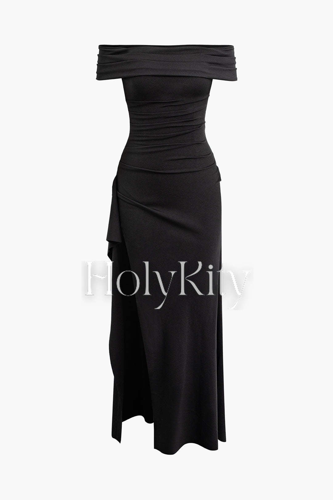 Schulterfreies, geschlitztes Maxikleid mit Rüschen 
