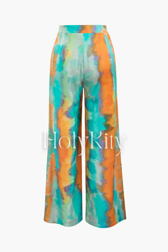 Abstract Print Satin Tie Waist Wide Leg Pants
