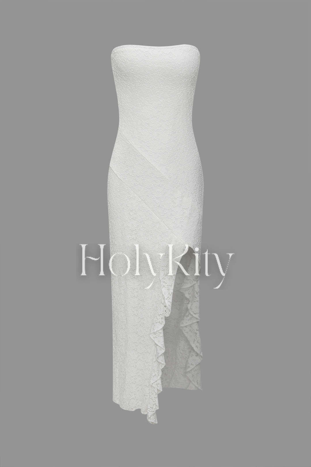 Strapless Lace Ruffle Slit Maxi Dress