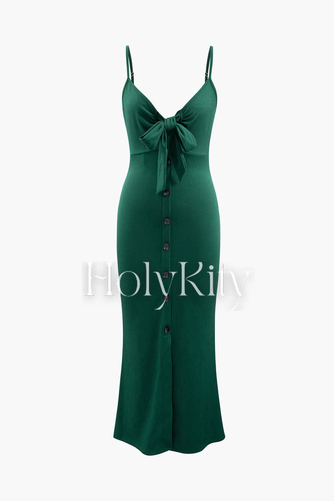 V-neck Rib Knit Knot Front Button Maxi Dress