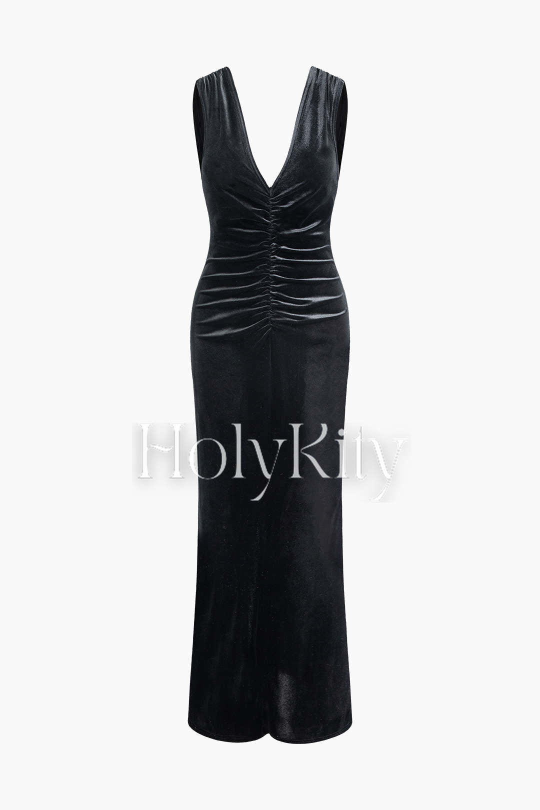 V-neck Sleeveless Velvet Ruched Slit Maxi Dress