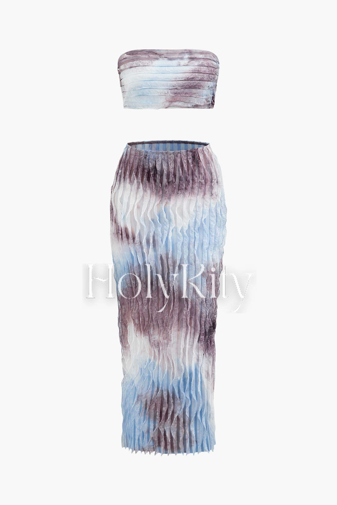 Tie Dye Mesh Tube Top And Split Maxi Skirt And Choker Set