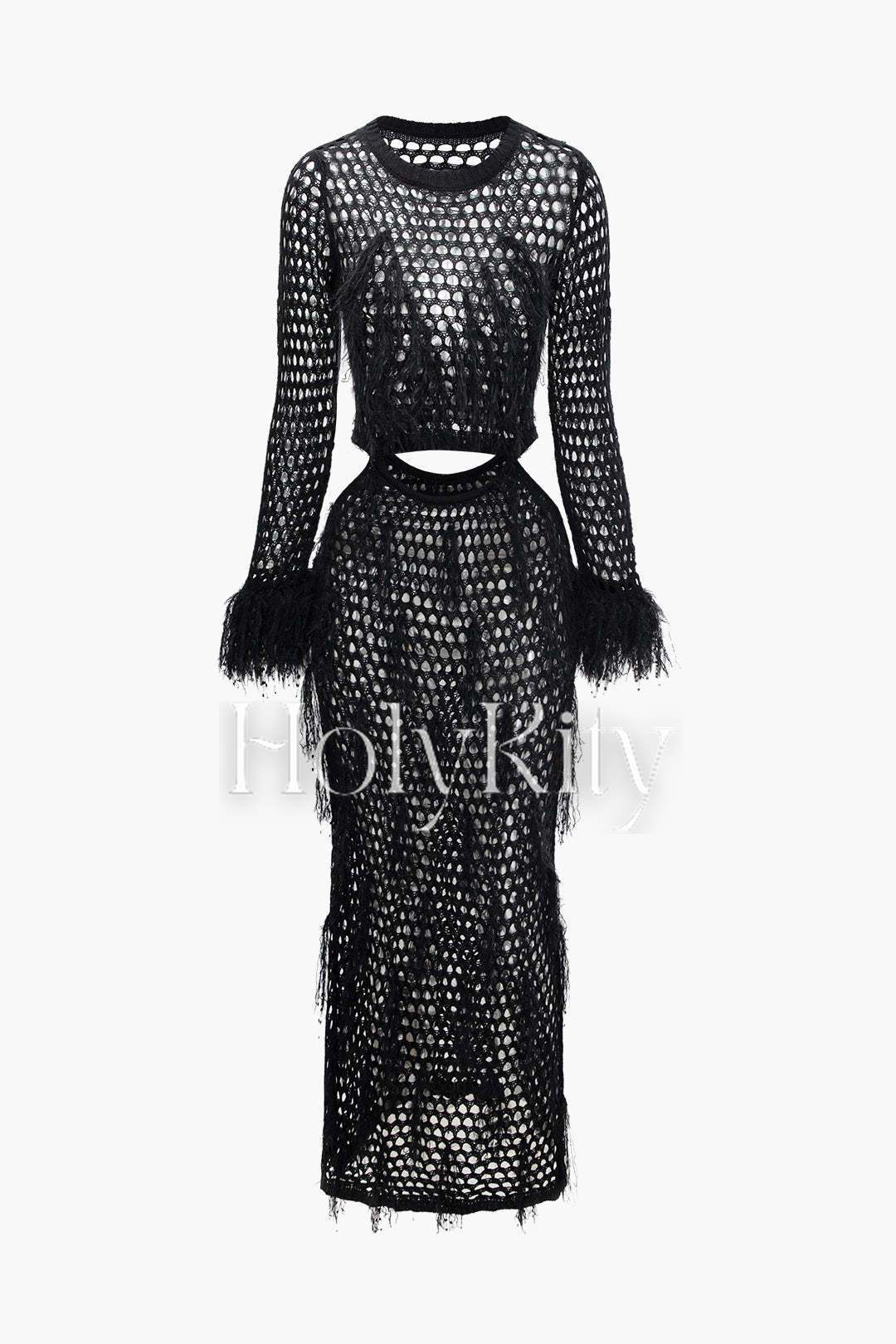 Robe longue en tricot ajouré à franges et poignets découpés 