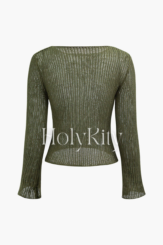 Round Neck Long Sleeve Open Knit Top
