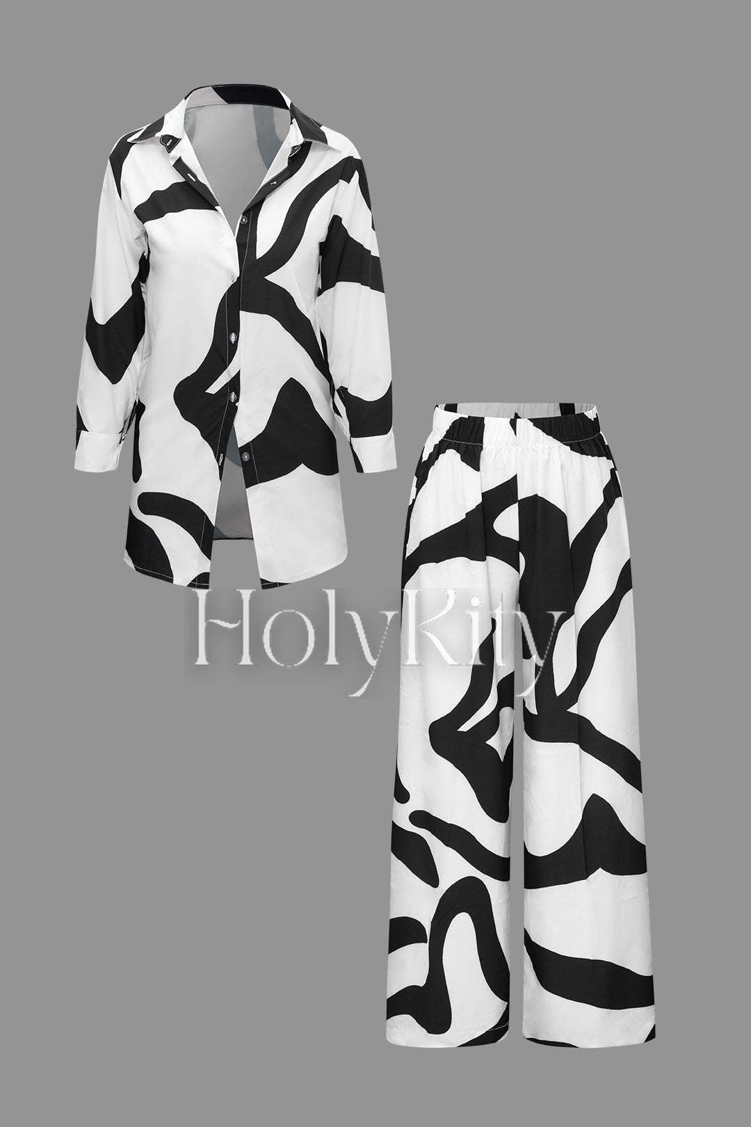 Line Print Button Up Long Sleeve Shirt And High Waist Wide Leg Pants Set