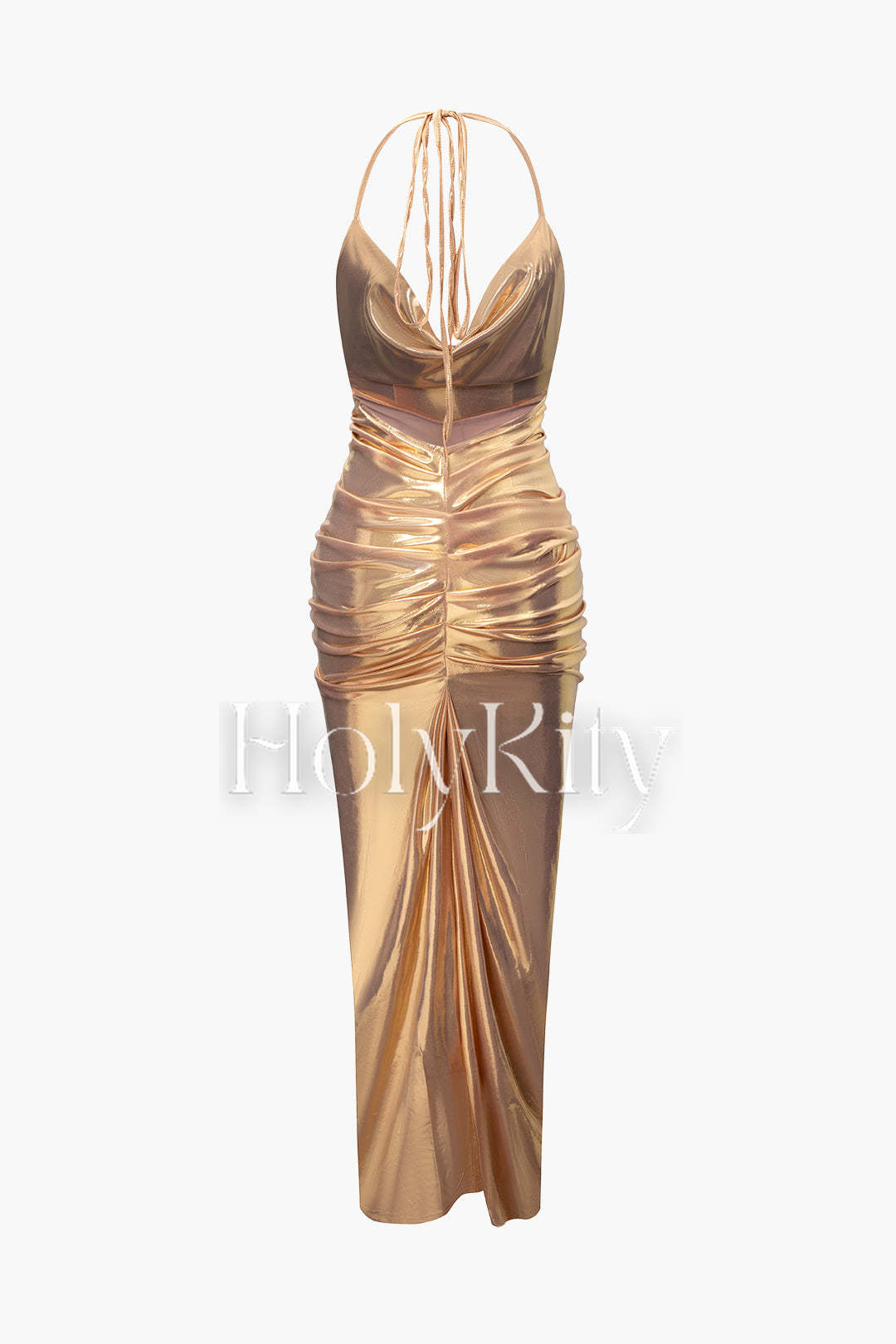 Metallic-Maxikleid mit Neckholder und Rüschen 